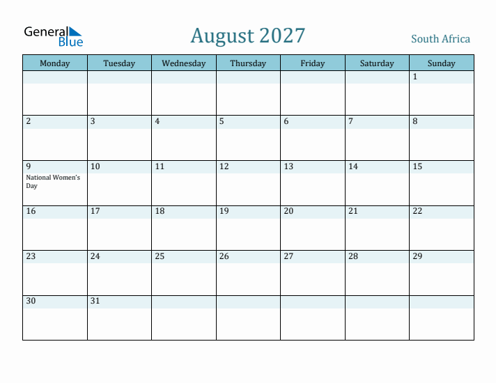 August 2027 Calendar with Holidays