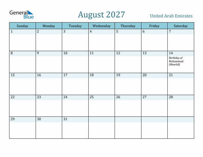 August 2027 Calendar with Holidays