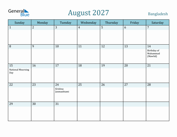 August 2027 Calendar with Holidays