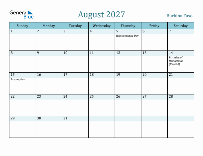 August 2027 Calendar with Holidays