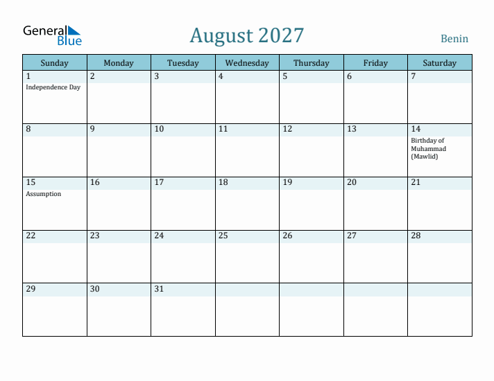 August 2027 Calendar with Holidays