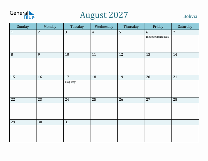 August 2027 Calendar with Holidays