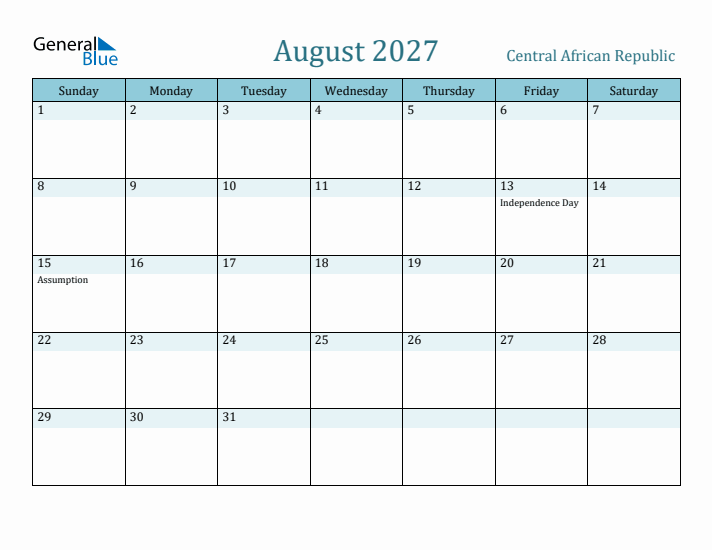 August 2027 Calendar with Holidays