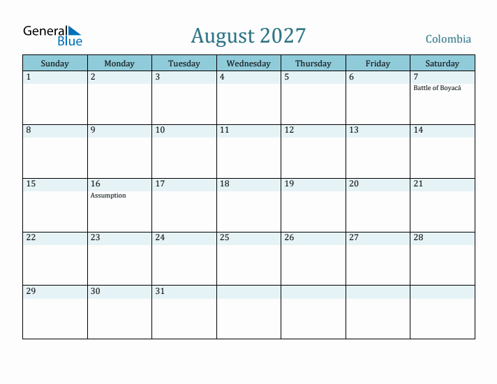 August 2027 Calendar with Holidays