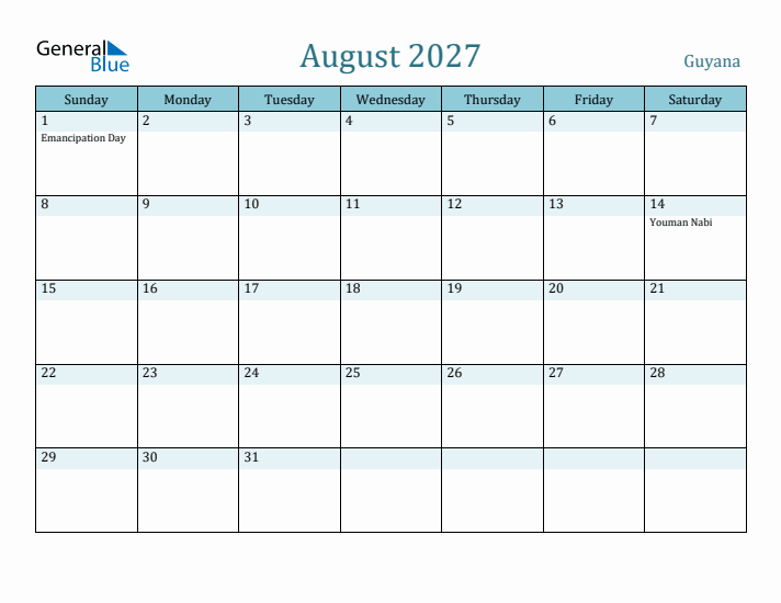 August 2027 Calendar with Holidays