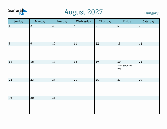 August 2027 Calendar with Holidays