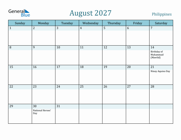 August 2027 Calendar with Holidays