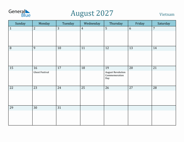 August 2027 Calendar with Holidays