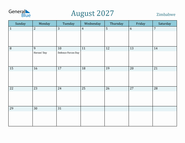 August 2027 Calendar with Holidays