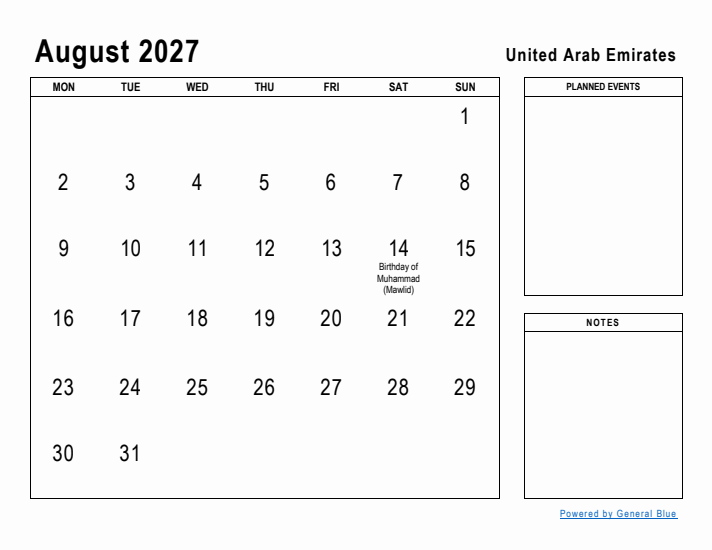 August 2027 Printable Monthly Calendar with United Arab Emirates Holidays