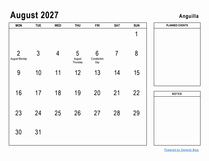 August 2027 Printable Monthly Calendar with Anguilla Holidays