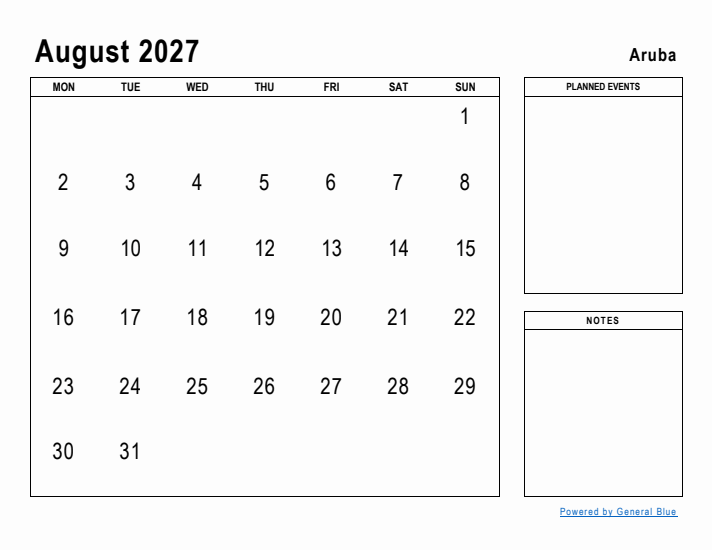 August 2027 Printable Monthly Calendar with Aruba Holidays