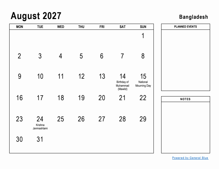 August 2027 Printable Monthly Calendar with Bangladesh Holidays