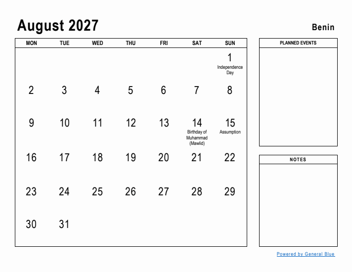 August 2027 Printable Monthly Calendar with Benin Holidays