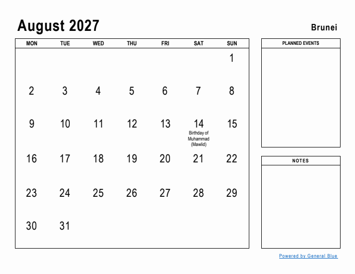 August 2027 Printable Monthly Calendar with Brunei Holidays