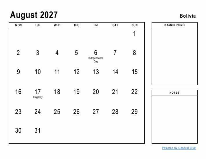 August 2027 Printable Monthly Calendar with Bolivia Holidays