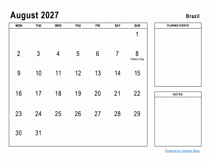 August 2027 Printable Monthly Calendar with Brazil Holidays