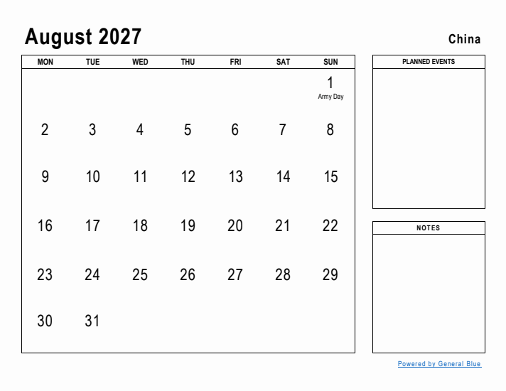 August 2027 Printable Monthly Calendar with China Holidays