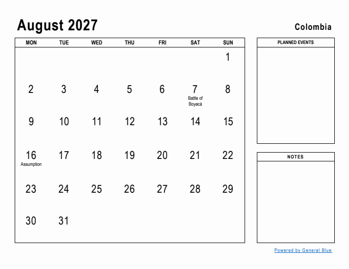 August 2027 Printable Monthly Calendar with Colombia Holidays