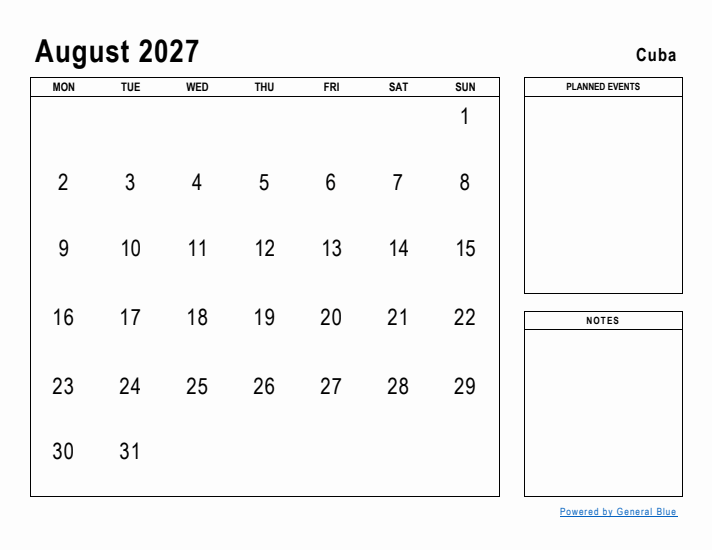 August 2027 Printable Monthly Calendar with Cuba Holidays