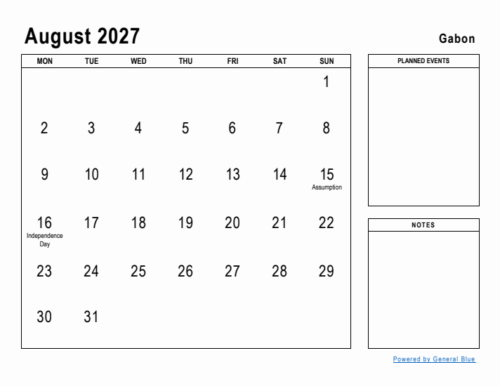 August 2027 Printable Monthly Calendar with Gabon Holidays