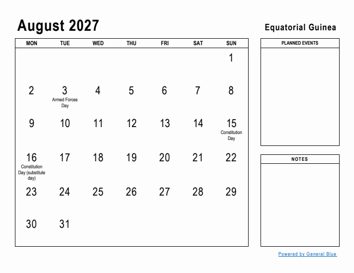 August 2027 Printable Monthly Calendar with Equatorial Guinea Holidays