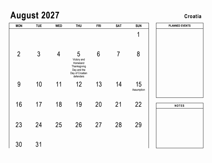 August 2027 Printable Monthly Calendar with Croatia Holidays