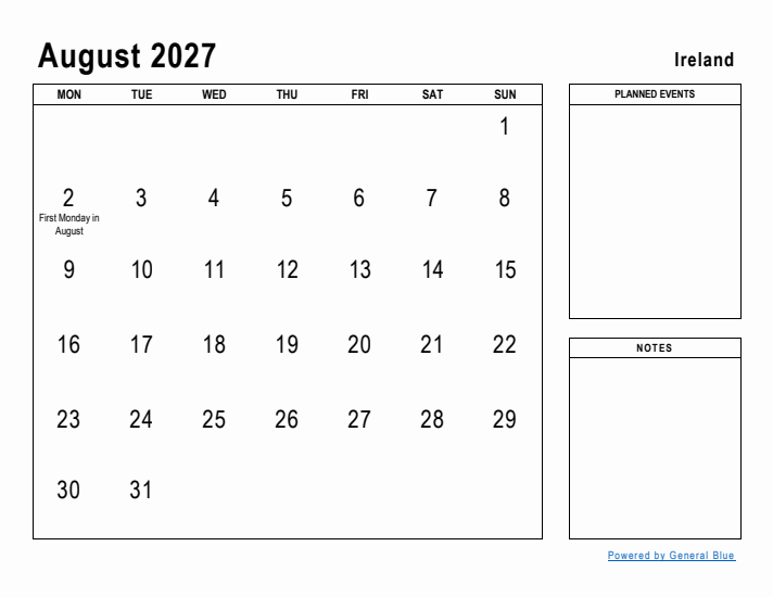 August 2027 Printable Monthly Calendar with Ireland Holidays