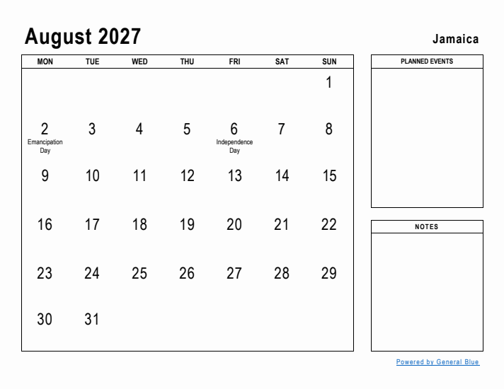 August 2027 Printable Monthly Calendar with Jamaica Holidays