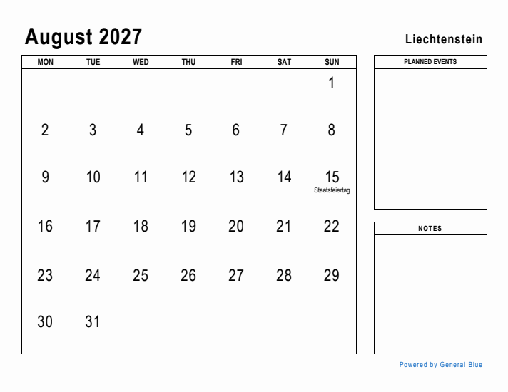 August 2027 Printable Monthly Calendar with Liechtenstein Holidays