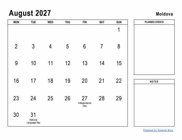 August 2027 Printable Monthly Calendar with Moldova Holidays