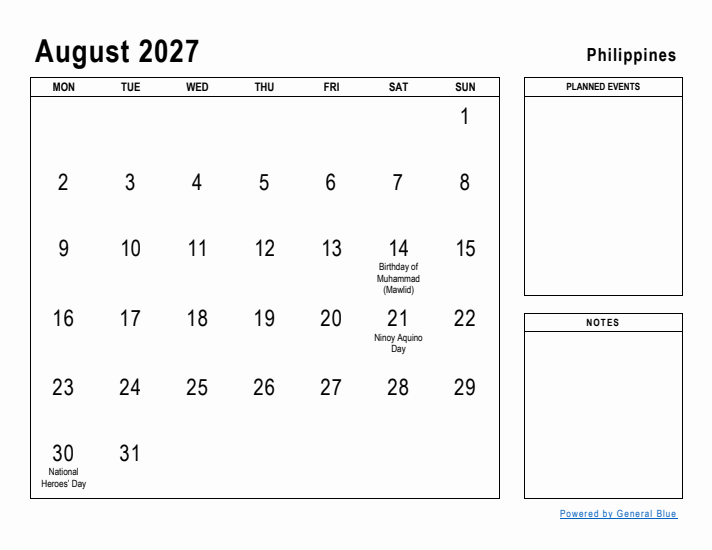 August 2027 Printable Monthly Calendar with Philippines Holidays