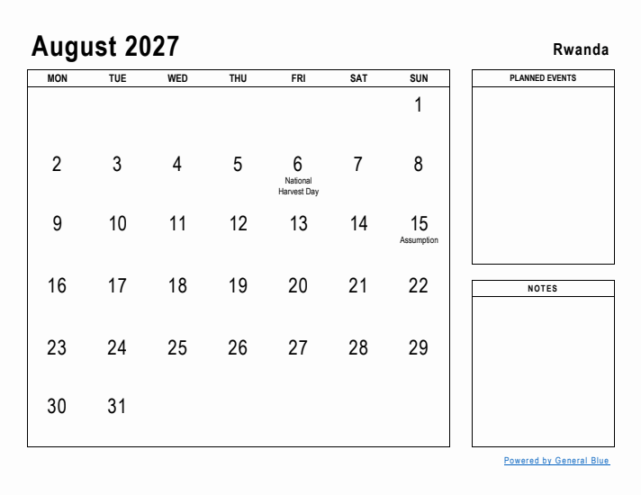 August 2027 Printable Monthly Calendar with Rwanda Holidays