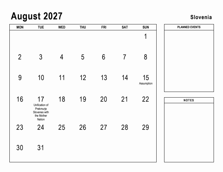 August 2027 Printable Monthly Calendar with Slovenia Holidays