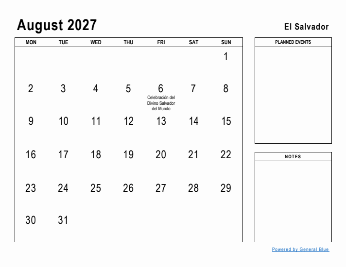 August 2027 Printable Monthly Calendar with El Salvador Holidays