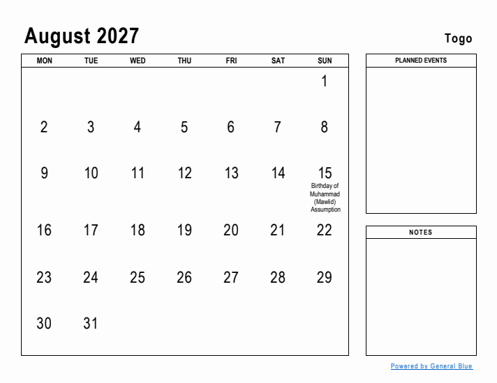 August 2027 Printable Monthly Calendar with Togo Holidays