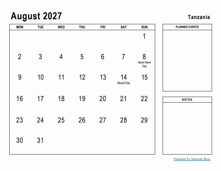 August 2027 Printable Monthly Calendar with Tanzania Holidays