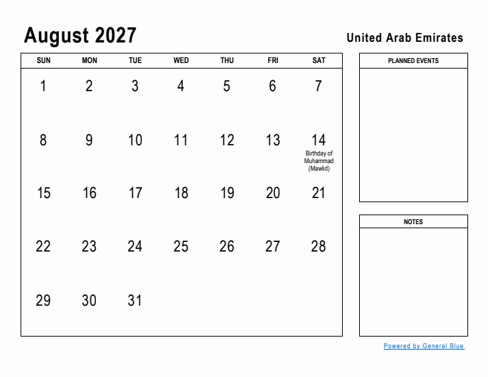 August 2027 Printable Monthly Calendar with United Arab Emirates Holidays