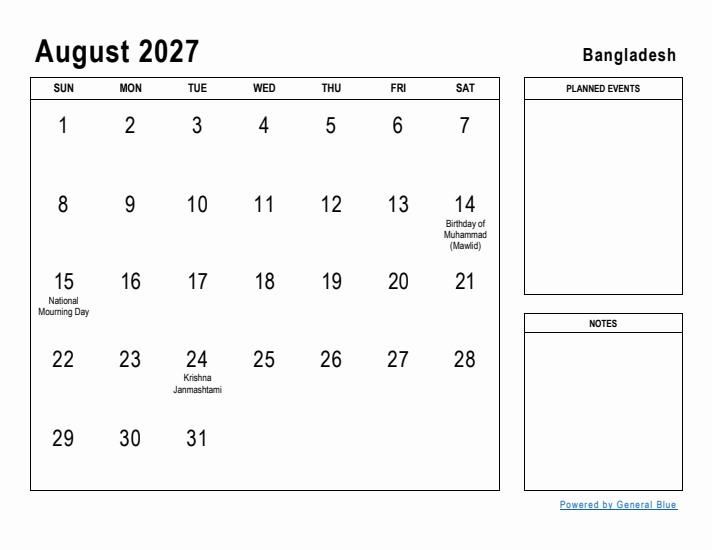 August 2027 Printable Monthly Calendar with Bangladesh Holidays