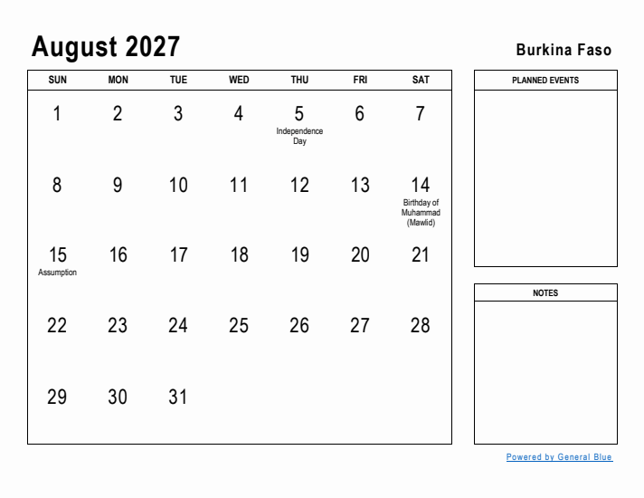 August 2027 Printable Monthly Calendar with Burkina Faso Holidays