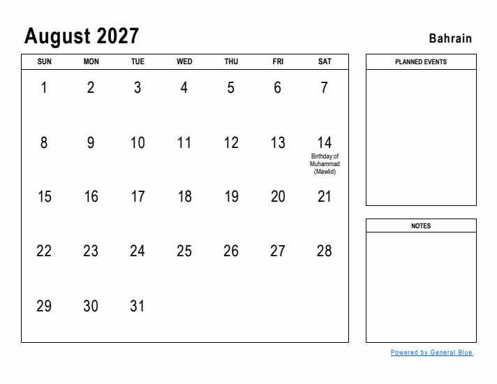 August 2027 Printable Monthly Calendar with Bahrain Holidays