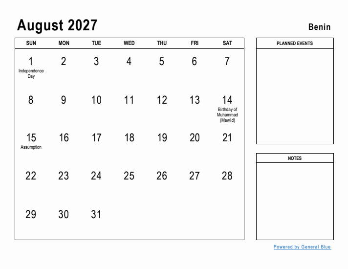 August 2027 Printable Monthly Calendar with Benin Holidays