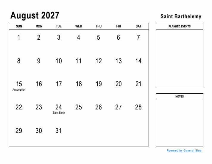 August 2027 Printable Monthly Calendar with Saint Barthelemy Holidays