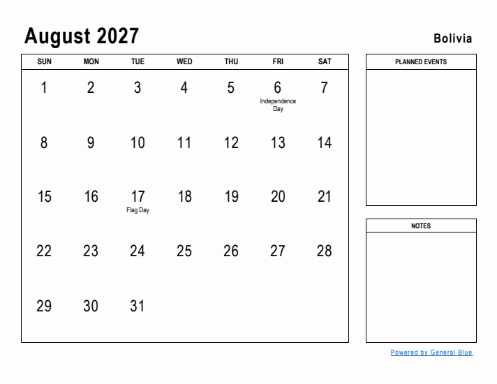 August 2027 Printable Monthly Calendar with Bolivia Holidays