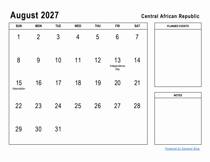 August 2027 Printable Monthly Calendar with Central African Republic Holidays