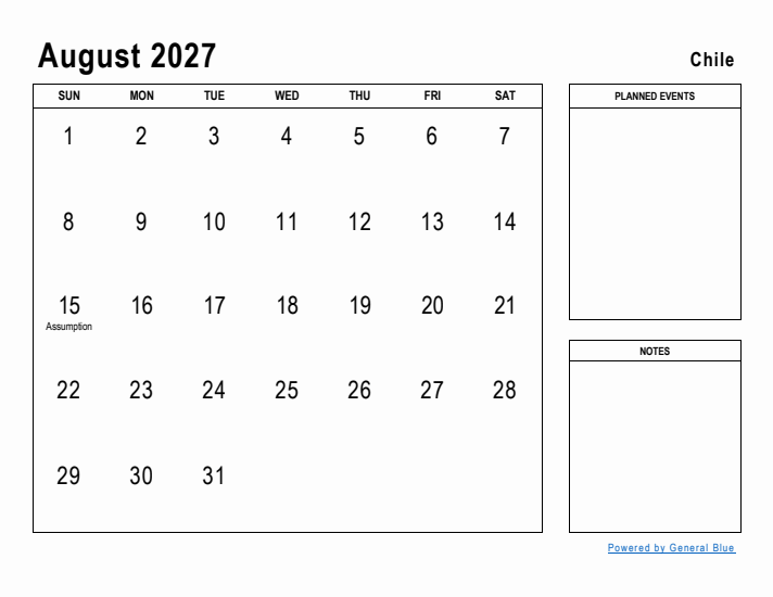 August 2027 Printable Monthly Calendar with Chile Holidays