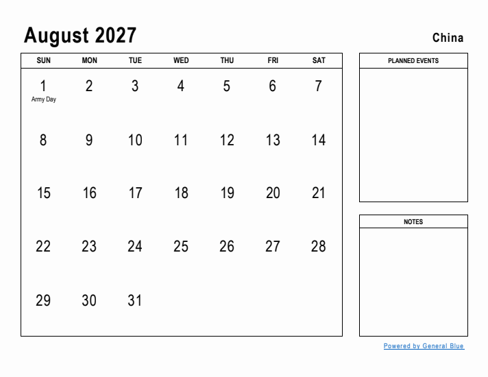 August 2027 Printable Monthly Calendar with China Holidays