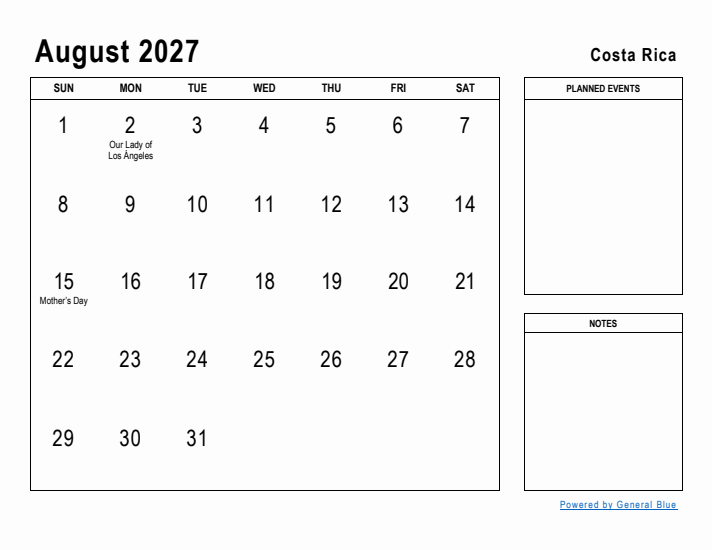 August 2027 Printable Monthly Calendar with Costa Rica Holidays