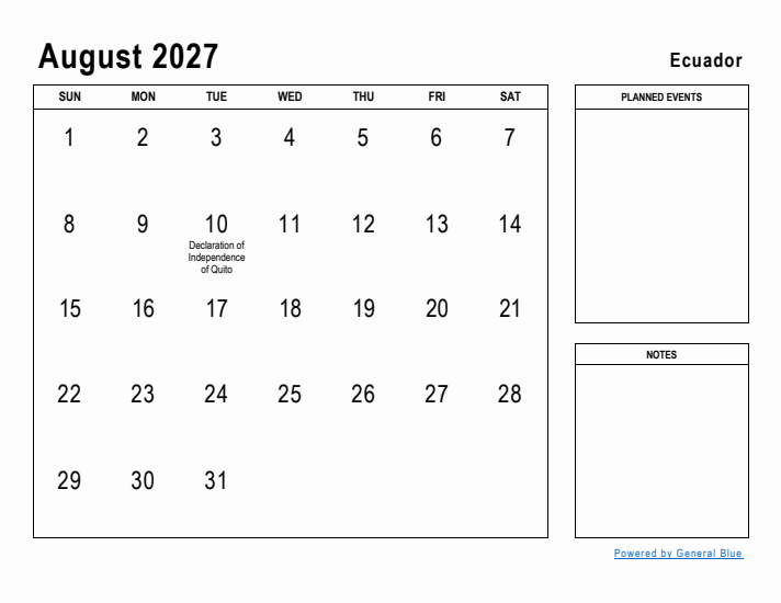 August 2027 Printable Monthly Calendar with Ecuador Holidays