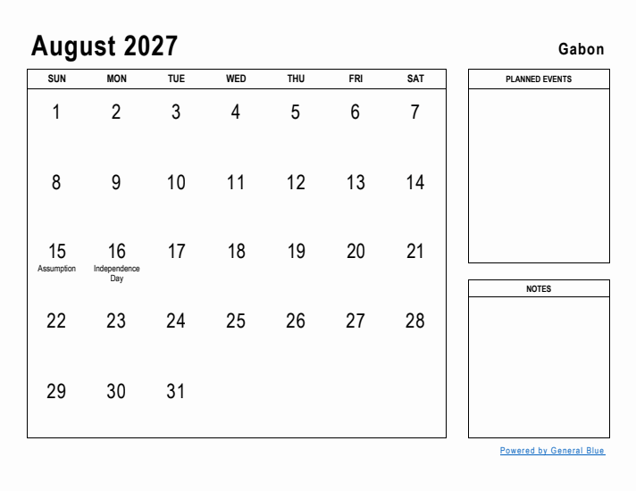 August 2027 Printable Monthly Calendar with Gabon Holidays